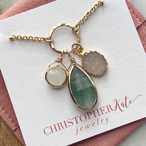 Gemstone Trio of Moss Aquamarine, Agate Druzy, and Rainbow Moonstone, spring/Summer, Mint, Gold