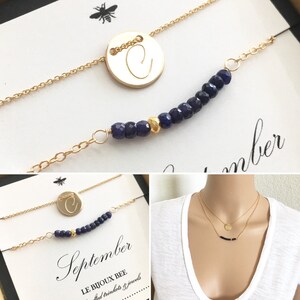 Set of Layering Necklaces, Minimalist Monogrammed and Sapphire Gemstone Bar Necklace, September, Gold