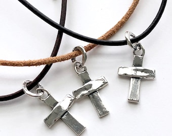 Artisan Sterling Silver Cross on Leather Cord Necklace