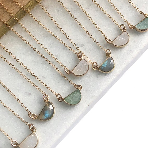 Petite Crescent Gemstone Necklace...Mint Druzy, Drusy, Labradorite, Birthday, Minimalist, layered, simple, Gift, Moon