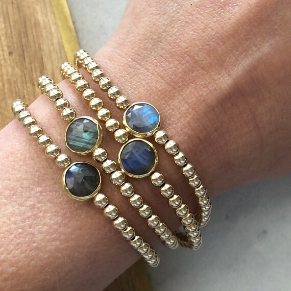 Labradorite Gold Ball Beaded Stacking Bracelet Etsy