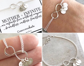 Mother&#39;s Infinite Love Sterling Silver Charm Bracelet with Personalized Hand Stamped Monogrammed Charms