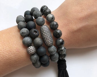 Bracelet Boho Stacked Labradorite, Druzy, Gunmetal Pave... bracelets empilables, noir, gris, argent, mat, déclaration