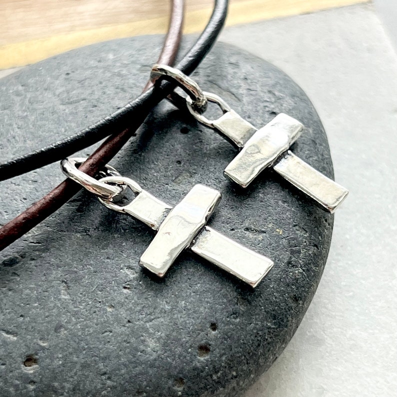 Artisan Sterling Silver Cross on Leather Cord Necklace image 4