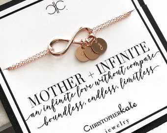 Rose Gold Mother&#39;s Infinity Bracelet with Monogrammed Charms....Mother, Daughter, Son, Bridal, Sister