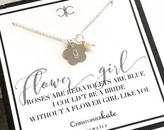 Flower Girl Sterling Silver Monogrammed Flower Charm Necklace with Genuine Freshwater Pearl