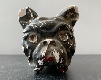 Vintage French Bulldog Hand Painted White Chalkware Plaster Dog