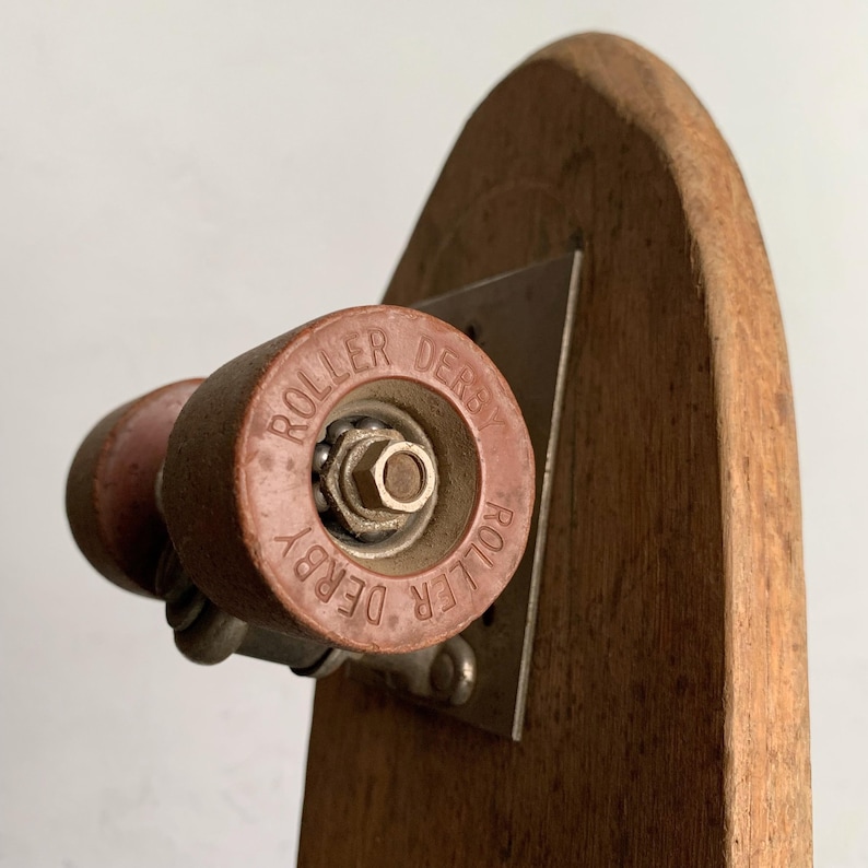Rustic Vintage Skateboard: Wood Deck with Roller Derby Wheels image 11
