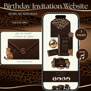 May include: A digital birthday invitation website template displayed on a smartphone and a tablet screen. The design features a brown colour palette with leopard print accents, a wax seal with a paw print, and text including "Let's Get Wild" and "Chloe's 30th Birthday."