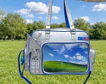 Vorbestellung: Frutiger Aero Y2K Tasche, Windows XP Retro Tech Schultertasche, Cyber Y2K Ita Tasche, silberne Handtasche im Computer-Stil. Endet am 14. September.