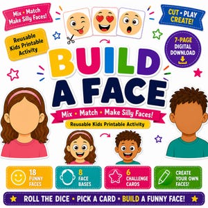 Pode incluir: Uma atividade digital imprimível intitulada Build A Face com texto colorido, ilustrações de duas crianças com rostos em branco e várias expressões faciais tipo emoji. Inclui 18 rostos engraçados, 8 bases de rosto e 6 cartões de desafio.