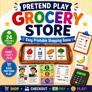 Peut inclure: Un jeu de marchande à imprimer comprenant 24 pages, incluant une liste de courses, des cartes alimentaires avec prix, des billets de banque de un, cinq et dix, un reçu et un terminal de paiement par carte avec un écran affichant thank you.