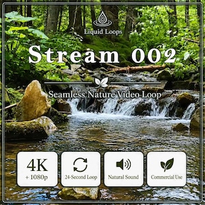 May include: A digital video file titled Liquid Loops Stream 002, featuring a forest stream flowing over rocks. Text includes 4K + 1080p, 24-Second Loop, Natural Sound, and Commercial Use. The scene displays lush green foliage and clear water.