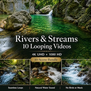 Puede incluir: Un paquete digital de 10 videos en bucle titulado Rivers & Streams 10 Looping Videos, 4K UHD + 1080 HD, 10-Scene Bundle. La imagen muestra un río verde claro que fluye sobre rocas con una cascada y tres escenas más pequeñas de arroyos.