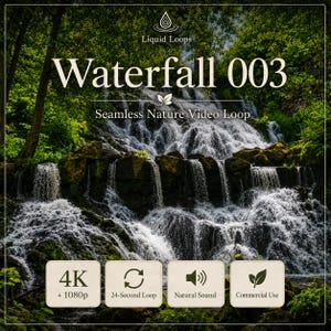 Puede incluir: Un gráfico digital que muestra una cascada sobre rocas oscuras rodeadas de follaje verde. El texto dice Liquid Loops, Waterfall 003, Seamless Nature Video Loop, 4K + 1080p, 24-Second Loop, Natural Sound y Commercial Use con iconos.
