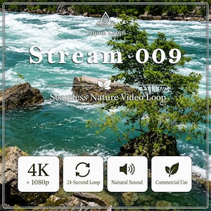 Op de afbeelding: Een digitale afbeelding van een stromende rivier met rotsen en een groene boom. De tekst bevat Liquid Loops, Stream 009, Seamless Nature Video Loop, 4K + 1080p, 24-Second Loop, Natural Sound en Commercial Use. Het geheel is omlijst door een dunne witte rand.