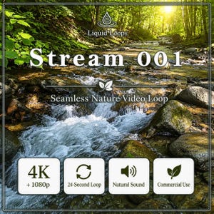 May include: A digital video file titled Stream 001 by Liquid Loops, featuring a forest stream with flowing water over rocks. The text includes 4K + 1080p, 24-Second Loop, Natural Sound, and Commercial Use, presented as a seamless nature video loop.