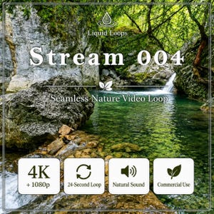 Puede incluir: Un archivo de video digital titulado Liquid Loops Stream 004, que presenta un bucle de video de naturaleza sin interrupciones de un arroyo forestal con una pequeña cascada. El gráfico incluye etiquetas para 4K, 1080p, bucle de 24 segundos, sonido natural y uso comercial.