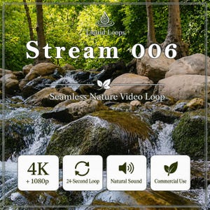 Könnte beinhalten: Eine digitale Videodatei mit dem Titel Liquid Loops Stream 006, die einen Waldfluss über moosbedeckten Steinen zeigt. Der Text umfasst 4K + 1080p, 24-Second Loop, Natural Sound und Commercial Use. Wasser fließt über die Steine.