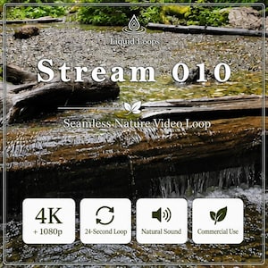 May include: A digital file titled Liquid Loops Stream 010, a seamless nature video loop featuring a flowing stream over dark logs and stones. The graphic includes text 4K + 1080p, 24-Second Loop, Natural Sound, and Commercial Use icons.