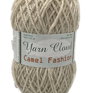 May include: A ball of beige yarn labeled "Yarn Cloud Camel Fashion" with the details: 100g/3.52oz, 190m = 230 yd, 80% Wool, 20% Camel Hair.