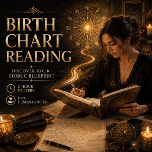 May include: A birth chart reading service advertisement featuring the text BIRTH CHART READING and DISCOVER YOUR COSMIC BLUEPRINT. A person writes in a large book next to astrology books, a circular chart, a compass, and lit candles in a dark room.