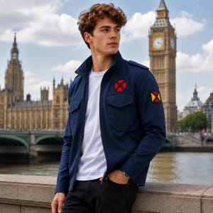 May include: A navy blue utility jacket featuring a high collar, a front zipper, and two chest pockets. The jacket displays a circular red and black X emblem on the chest and a square yellow, red, and black patch on the left sleeve, worn over a white t-shirt.