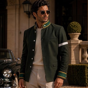 May include: A dark green jacket with a high mandarin collar, featuring white buttons, a white horizontal stripe on the left sleeve, and quilted green and yellow trim on the collar and cuffs, worn over a beige cable knit sweater and light trousers.