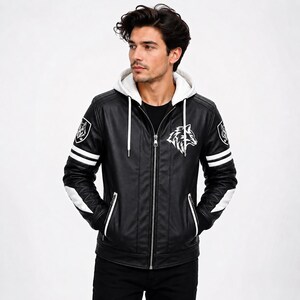 May include: A black leather jacket featuring a white hood, a front zip fastening, and white drawstrings. The jacket displays a white wolf head graphic on the chest and shoulders, with white horizontal stripes on the sleeves and white elbow patches.