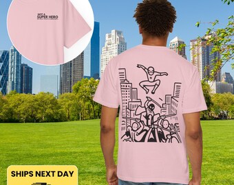 Superhero City Skyline Back Print T-Shirt — Line Art Graphic Tee, Garment-Dyed Comfort Colors Style