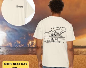 Planet B House Illustration Tee, Minimalist Back Print Graphic T-Shirt, Climate Awareness Shirt, Simple Line Art Cottage Tee