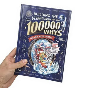 May include: A dark blue paperback book titled Building the Ultimate Brain for Kids 100000 Whys Fun and Joyful Science. The cover features a central illustration of cartoon animals in a roller coaster, a rocket ship, and decorative white line art.