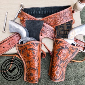 Hand Carved Leather Western Gunbelt in Floral Design - Custom Fit Cowboy Style Leather Dual Holsters with Bullet Loops