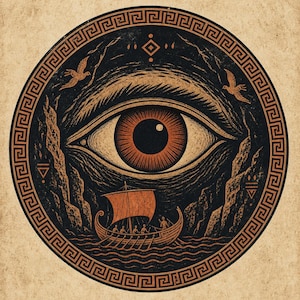 May include: A circular illustration featuring a large central eye overlooking a small wooden ship with oars and a sail navigating between two rocky cliffs. The design is framed by a Greek key border in black and orange on a textured beige background.