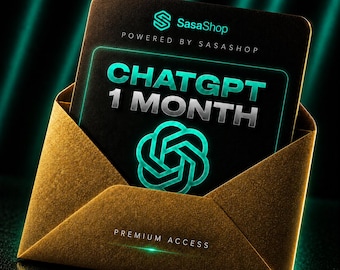 Puede incluir: Una tarjeta rectangular negra dentro de un sobre dorado. La tarjeta presenta el texto SasaShop, Powered by SasaShop, CHATGPT 1 MONTH y PREMIUM ACCESS, junto con un logotipo cian brillante. El diseño incluye un borde cian vivo y efectos.