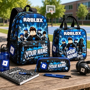 Personligt Roblox-ryggsäcksset, spelinspirerad lunchväska, pennfodral, matlåda och pennfodral, spelpresent till skolan för pojkar