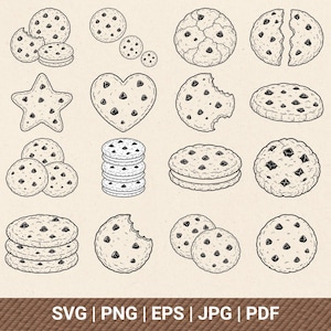 May include: A collection of black and white line art illustrations featuring various chocolate chip cookies, including whole, broken, stacked, and heart-shaped designs. The bottom of the image displays the text SVG | PNG | EPS | JPG | PDF.