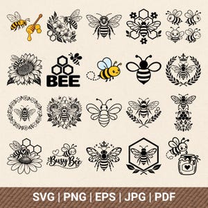 Puede incluir: Una colección de veinte ilustraciones gráficas en blanco y negro con temática de abejas, que incluyen diversas abejas, panales, flores y tarros. El texto SVG | PNG | EPS | JPG | PDF aparece en la parte inferior. Estos diseños incluyen abejas con coronas, coronas florales y cucharones de miel.