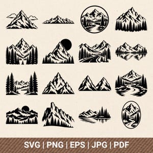 May include: A collection of sixteen black and white vector illustrations featuring various mountain ranges, pine forests, rivers, and suns. The bottom of the image displays the text SVG | PNG | EPS | JPG | PDF in a bold, sans-serif font.