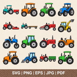 Op de afbeelding: Een verzameling van zestien kleurrijke tractorillustraties in diverse stijlen, waaronder tractoren met aanhangers, laders en ploegen in rood, oranje, groen en blauw. De tekst SVG | PNG | EPS | JPG | PDF staat onderaan.