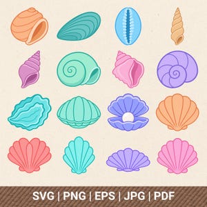 May include: A collection of sixteen colorful seashell illustrations arranged in a grid, featuring various shapes like spiral, bivalve, and conch shells in shades of pink, blue, purple, orange, and teal, with a white pearl inside one shell.