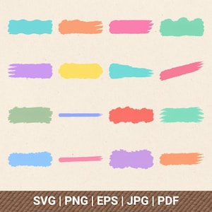 Può includere: Una collezione di sedici pennellate digitali colorate disposte in una griglia. Le forme presentano varie texture con bordi ondulati, frastagliati e lisci in tonalità di blu, arancione, rosa, verde, giallo, viola e rosso. Il testo in basso recita SVG | PNG | EPS | JPG | PDF.