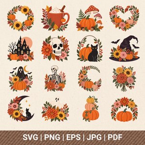 Könnte beinhalten: Eine Sammlung von sechzehn herbstlichen digitalen Illustrationen mit Kürbissen, Sonnenblumen, Totenköpfen, Geistern, schwarzen Katzen und Herbstlaub. Am unteren Bildrand steht der Text SVG | PNG | EPS | JPG | PDF in weißen Großbuchstaben.