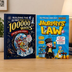 May include: Two hardcover books standing side by side. The left book is dark blue with the title Building the Ultimate Brain for Kids 100000 Whys. The right book is light blue with the title The Scarily Accurate Caricature Murphy's Law.