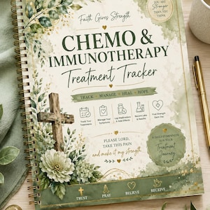 May include: A spiral-bound Chemo & Immunotherapy Treatment Tracker journal with a cream and sage green watercolor floral design. The cover features a wooden cross, text including Faith Gives Strength, and sections to track treatments, symptoms, and medications.