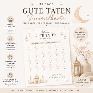 Könnte beinhalten: Eine ausdruckbare 30-Tage-Sammelkarte für gute Taten im Ramadan in Beige und Weiß. Das Dokument enthält den Text 30 TAGE GUTE TATEN SAMMELKARTE, ein Raster mit 30 nummerierten Mondsymbolen zum Ausmalen sowie eine Illustration einer Moschee.