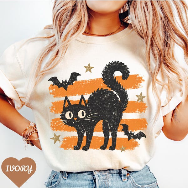 Black Cat Halloween Shirt, Vintage Spooky Cat Comfort Colors Tee, Retro Orange Halloween T-Shirt, Cat Lover Gift