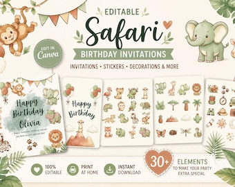Plantilla de invitación de cumpleaños con temática de safari, acuarela de animales de la selva (descarga digital)