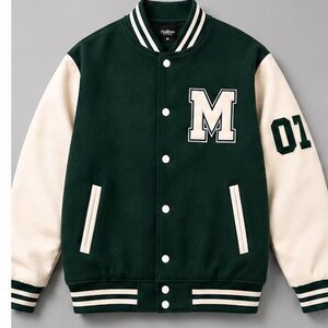 Grön Varsity Letterman-jacka, krämfärgad bomberjacka med collegeärm, klassisk basebolljacka med M-lapp, unisex casual streetwear
