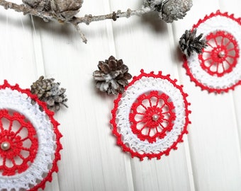 Crochet ornaments Set of 3 Winter ornaments Red & White Handmade ornaments Christmas decor